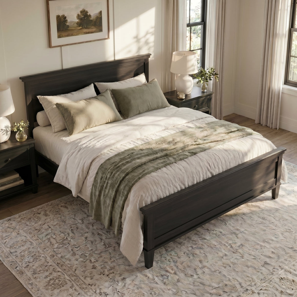Mid-Century Modern Wood Platform Bed Frame with Headboard