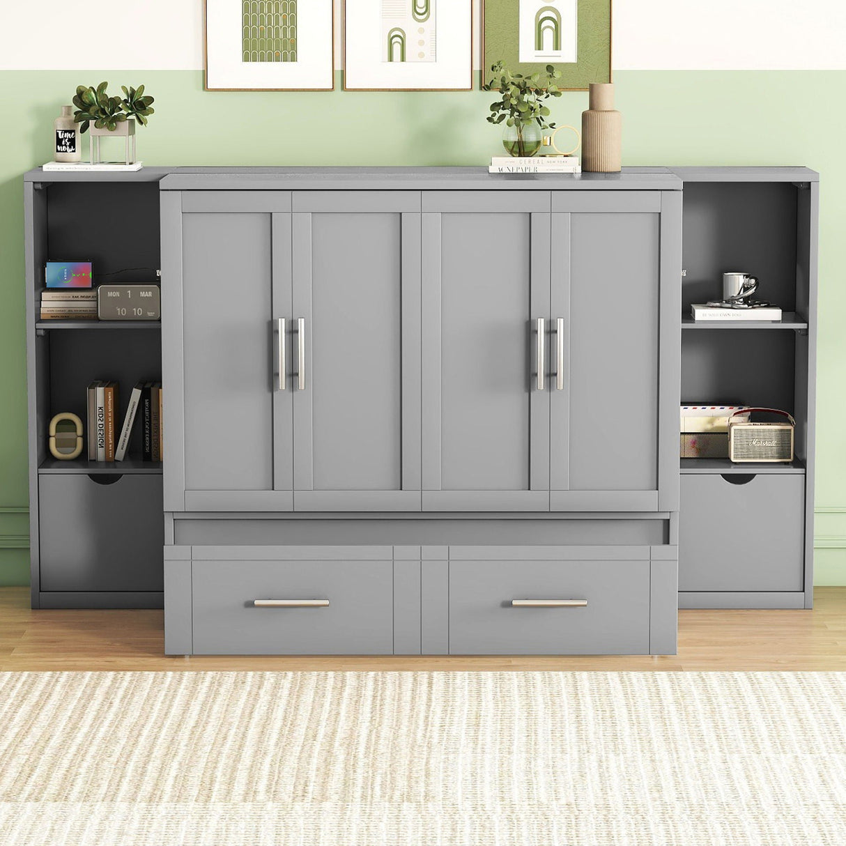 Murphy Bed With Shelves, Drawers And USB Ports