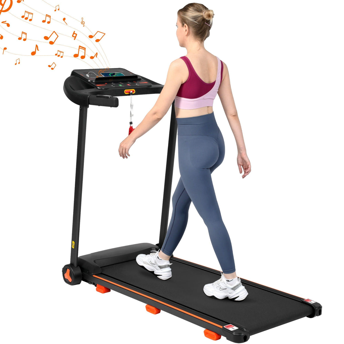 2.5Hp Quiet Folding Treadmill With Heart Rate Sensor, 300Lbs Weight Capacity, With USB Charge Station For Android & Bluetooth Speaker, 6 Shock Absorbing - Black