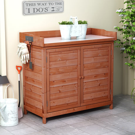 Potting bench table, with 2-tier shelves and side hook, brick