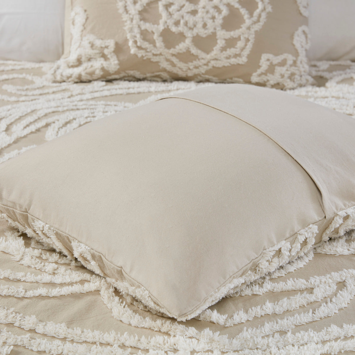 Tufted Cotton Chenille Medallion Fringe Coverlet Mini Set Taupe Full/Queen
