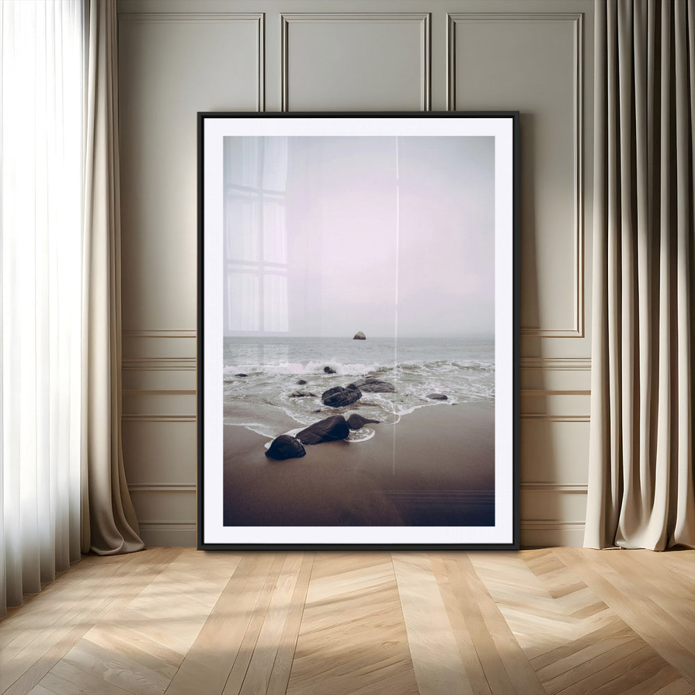 Moody Seascape Wall Art Canvas Print – Framed Neutral Foggy