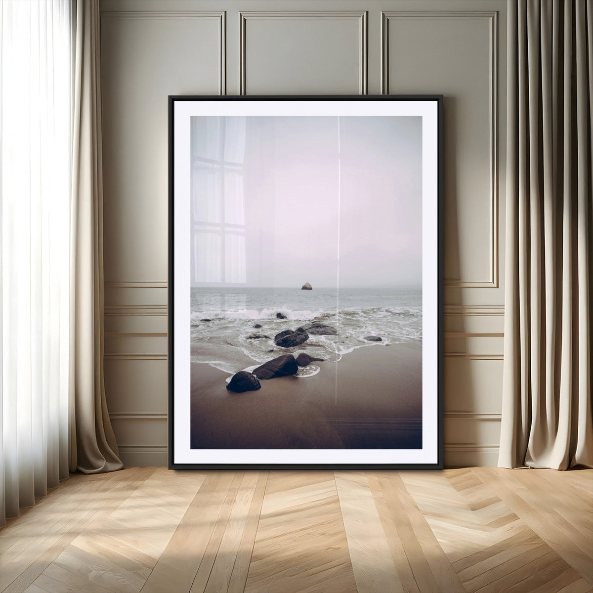 Moody Seascape Wall Art Canvas Print – Framed Neutral Foggy