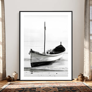 Minimal Boat Wall Art Canvas Print – Black and White Coastal