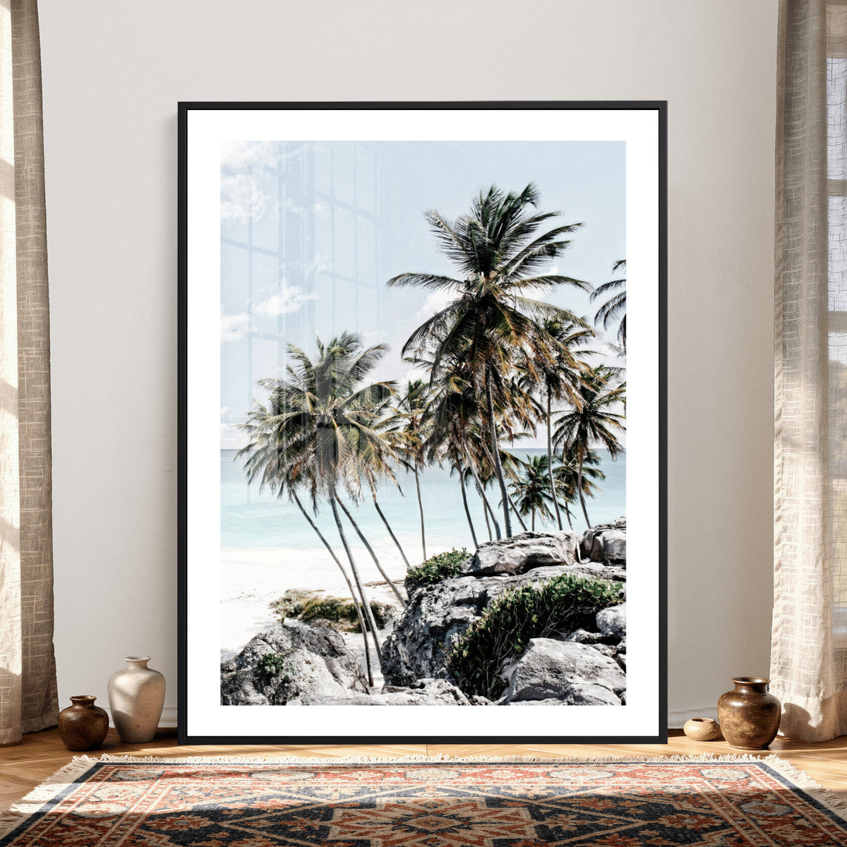 Tropical Trees Beach Wall Art Canvas Print, Coastal Ocean