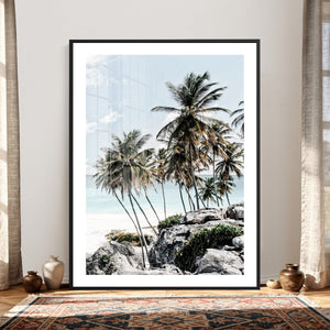Tropical Trees Beach Wall Art Canvas Print, Coastal Ocean