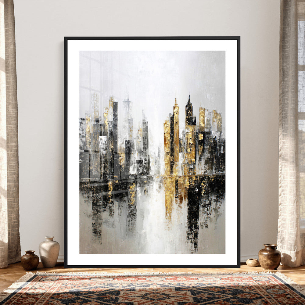 Abstract New York Wall Art Canvas Print, Gold Black Modern