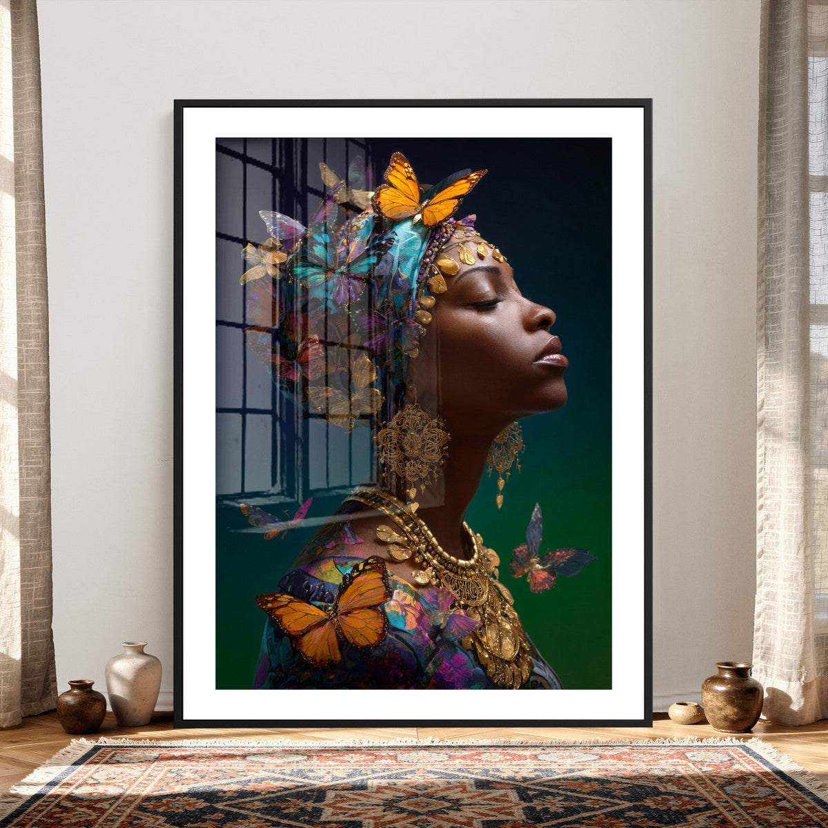 Butterfly Crown Gold Woman Portrait — Monarch Queen Canvas