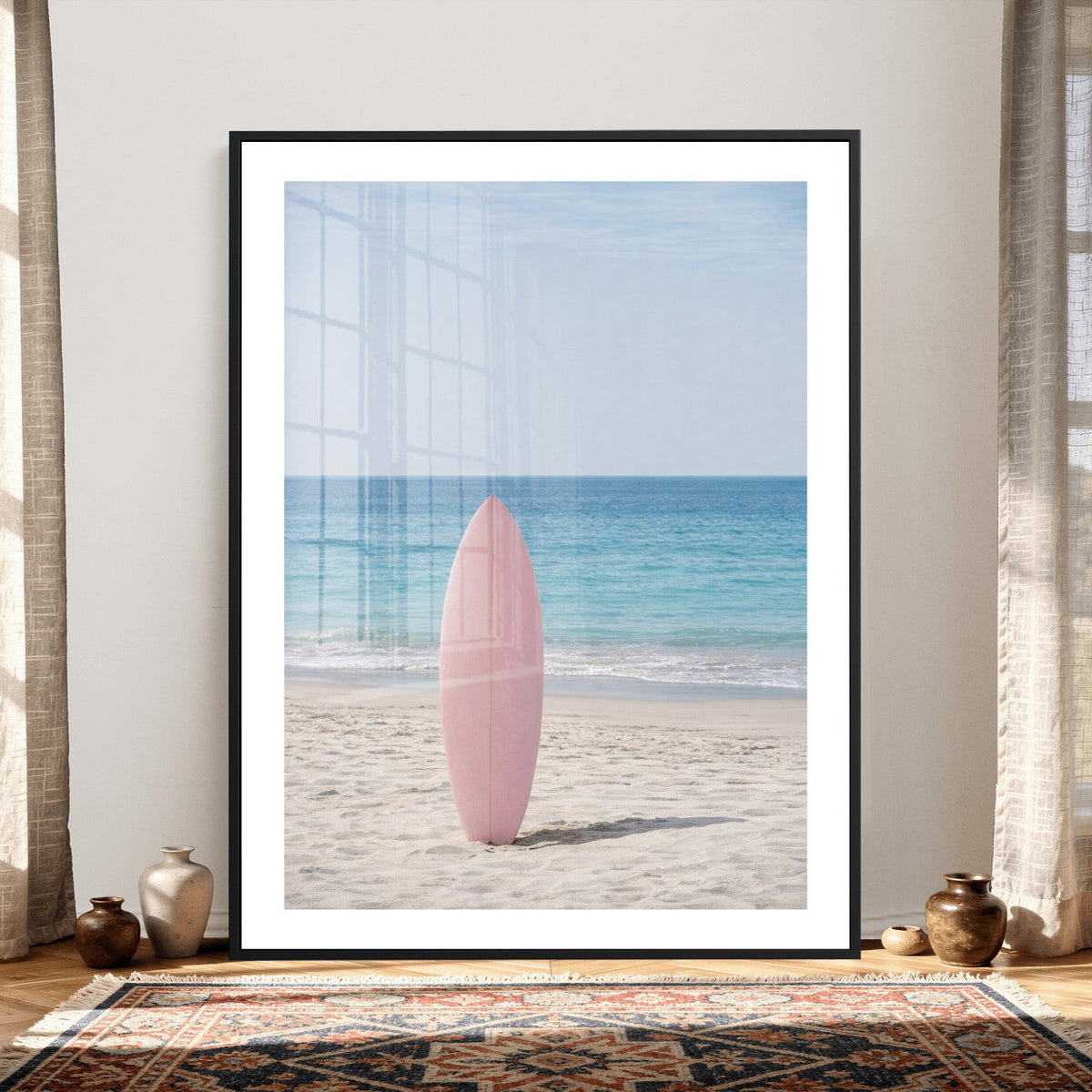 Pink Surfboard Canvas Wall Art, Minimalist Beach Photography