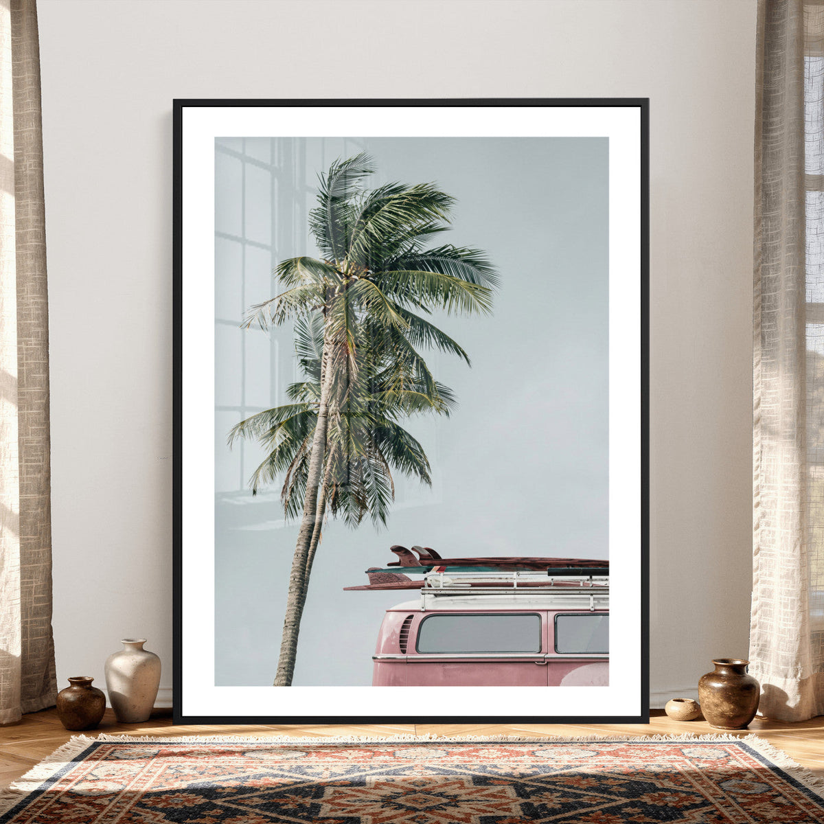 VW Van Palm Tree Canvas Wall Art, Pink Camper Surfboards