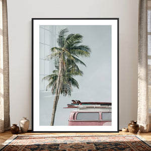 VW Van Palm Tree Canvas Wall Art, Pink Camper Surfboards