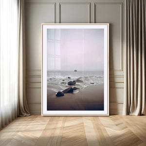 Moody Seascape Wall Art Canvas Print – Framed Neutral Foggy