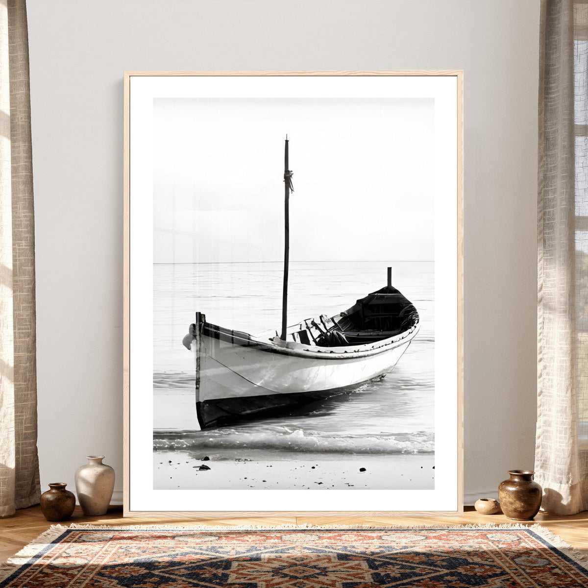 Minimal Boat Wall Art Canvas Print – Black and White Coastal
