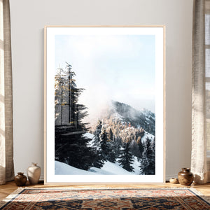 Snowy Mountain Forest Wall Art Canvas Print, Winter Pine
