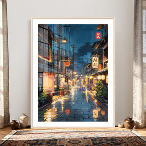 Tokyo Tea House Canvas Wall Art — Japan Rainy Night Street