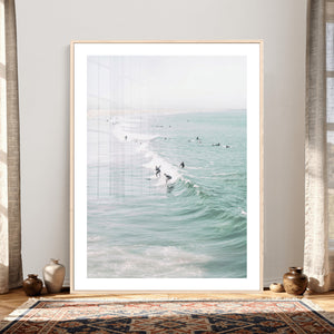 Surfers on Waves Canvas Wall Art, Aerial Ocean Photography