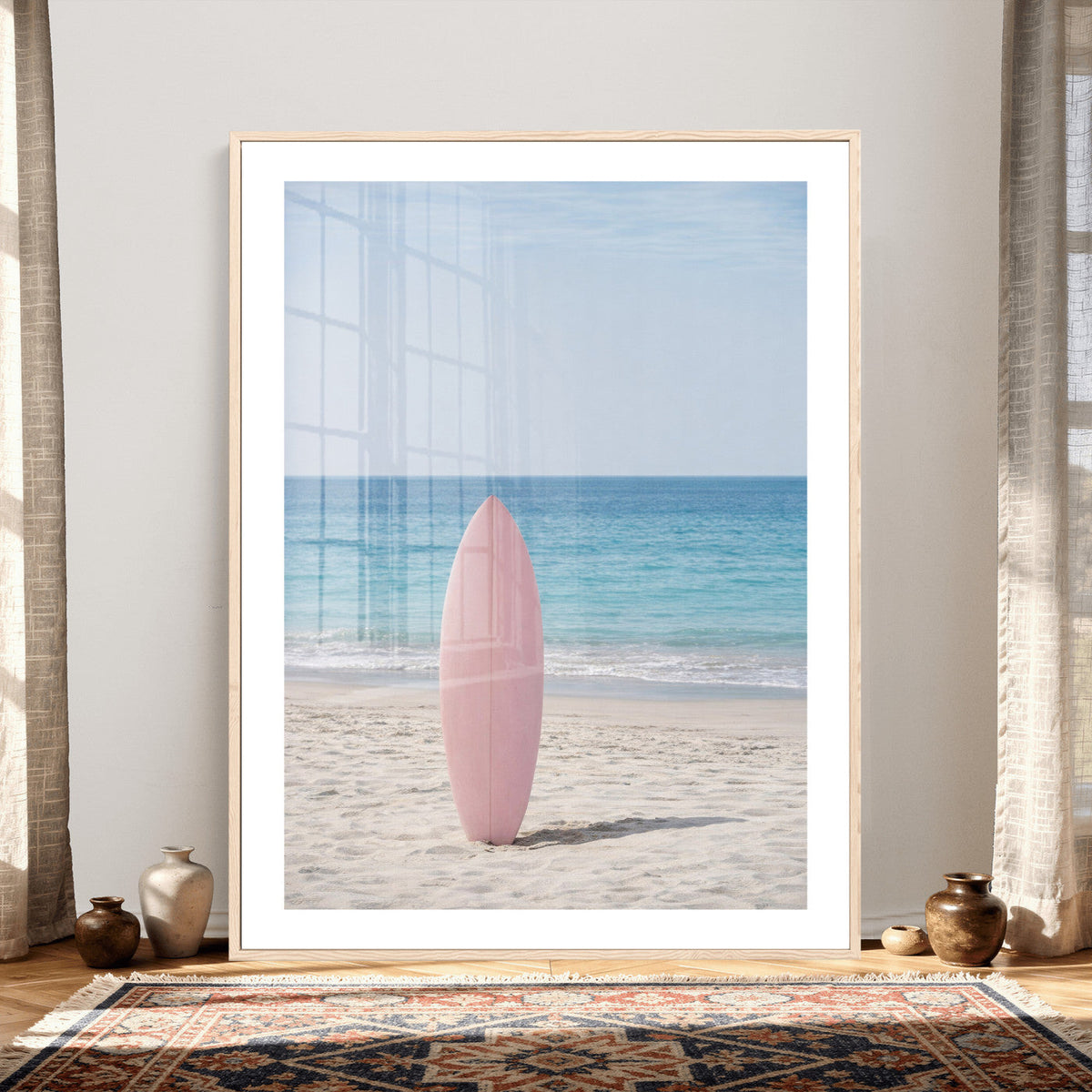 Pink Surfboard Canvas Wall Art, Minimalist Beach Photography