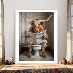 Funny Bathroom Canvas Wall Art, Texas Longhorn on Toilet