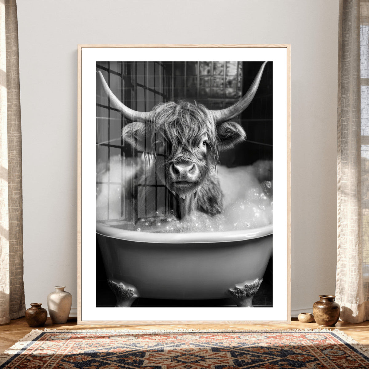 Highland Cow Bathtub Canvas Wall Art, Funny Bathroom Print