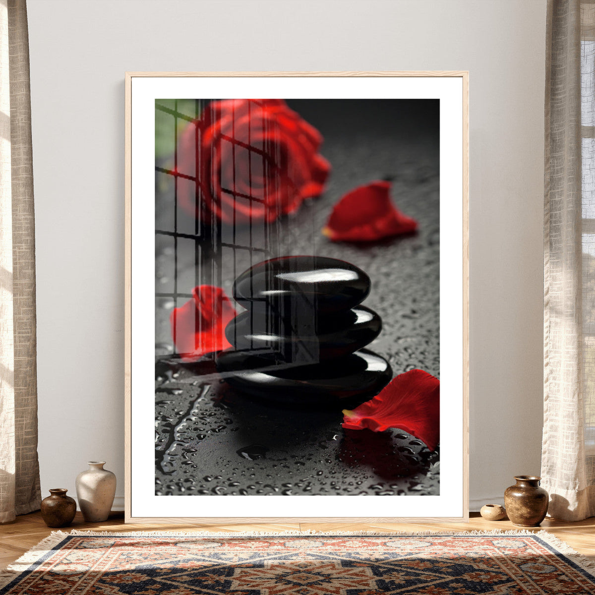 Black Lava Stone Rose Canvas | Red Rose Spa Photography
