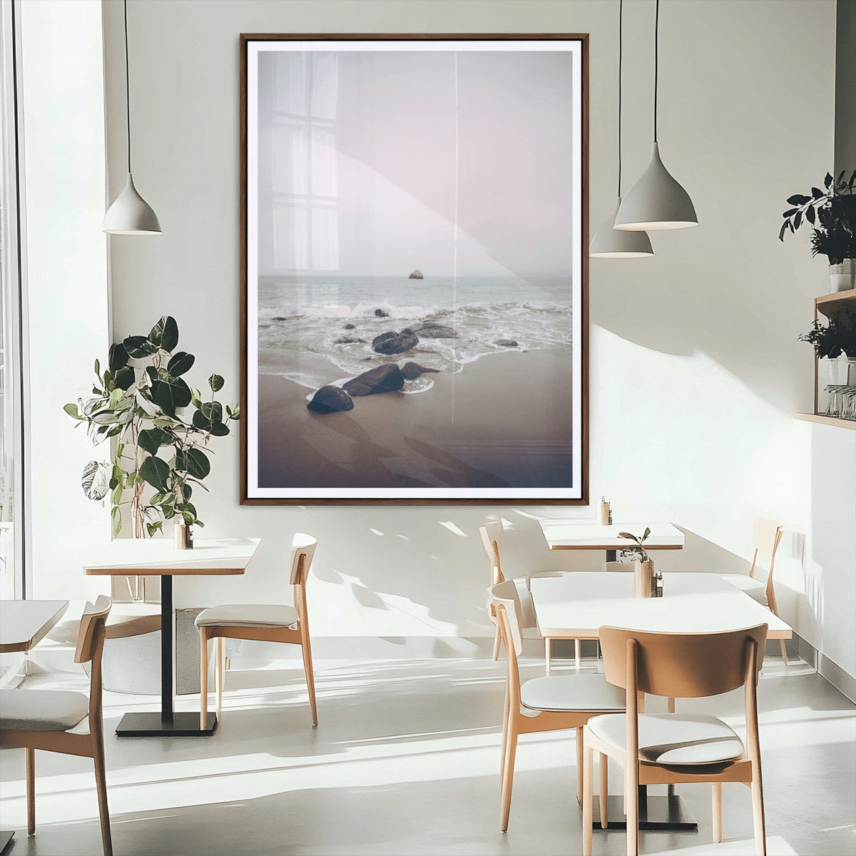 Moody Seascape Wall Art Canvas Print – Framed Neutral Foggy
