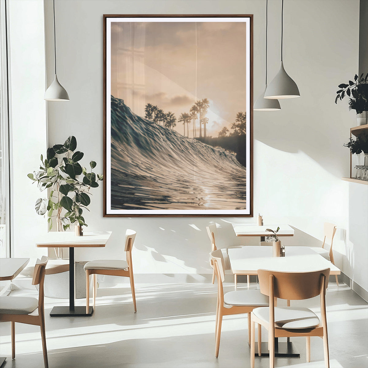 Sunset Wave Ocean Wall Art – Framed Palm Tree Canvas