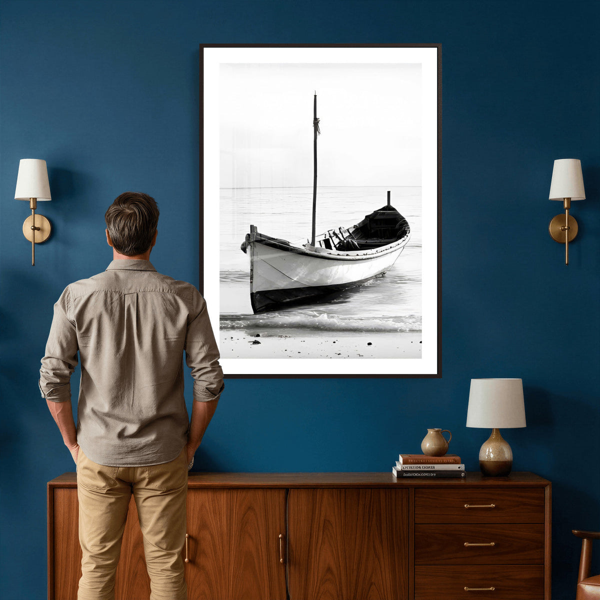 Minimal Boat Wall Art Canvas Print – Black and White Coastal