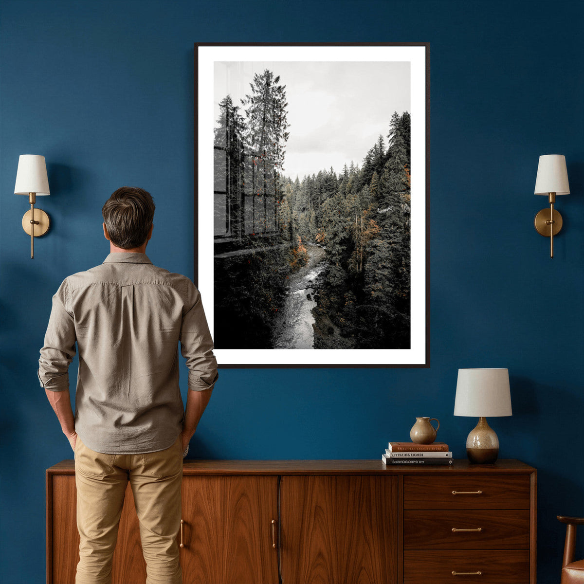 Moody Forest River Wall Art Canvas Print – Dark Evergreen
