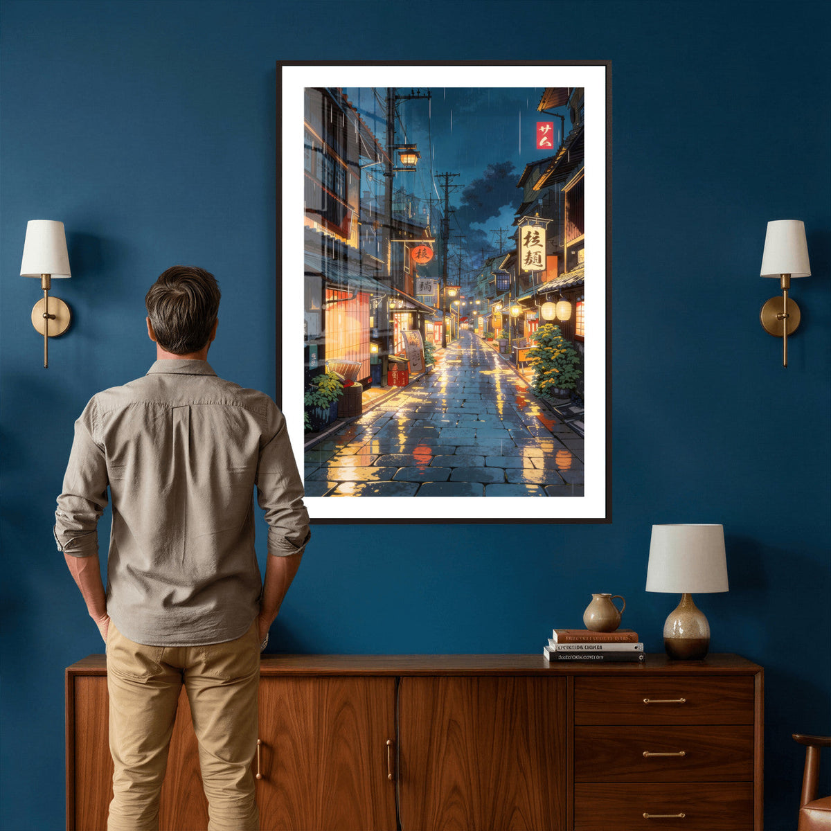Tokyo Tea House Canvas Wall Art — Japan Rainy Night Street