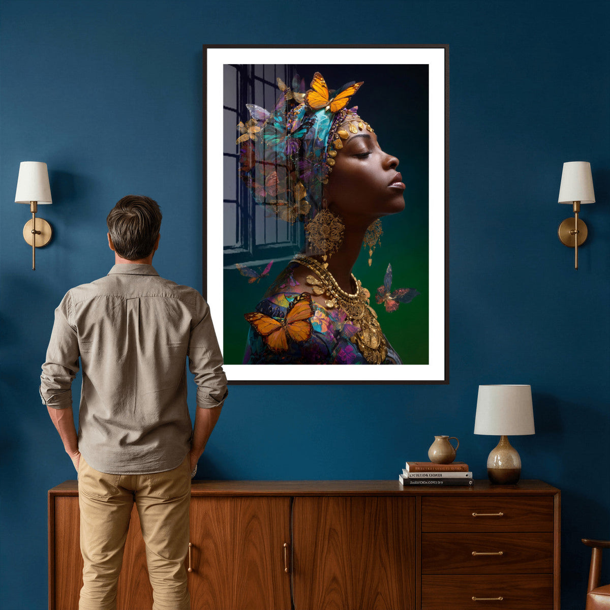 Butterfly Crown Gold Woman Portrait — Monarch Queen Canvas