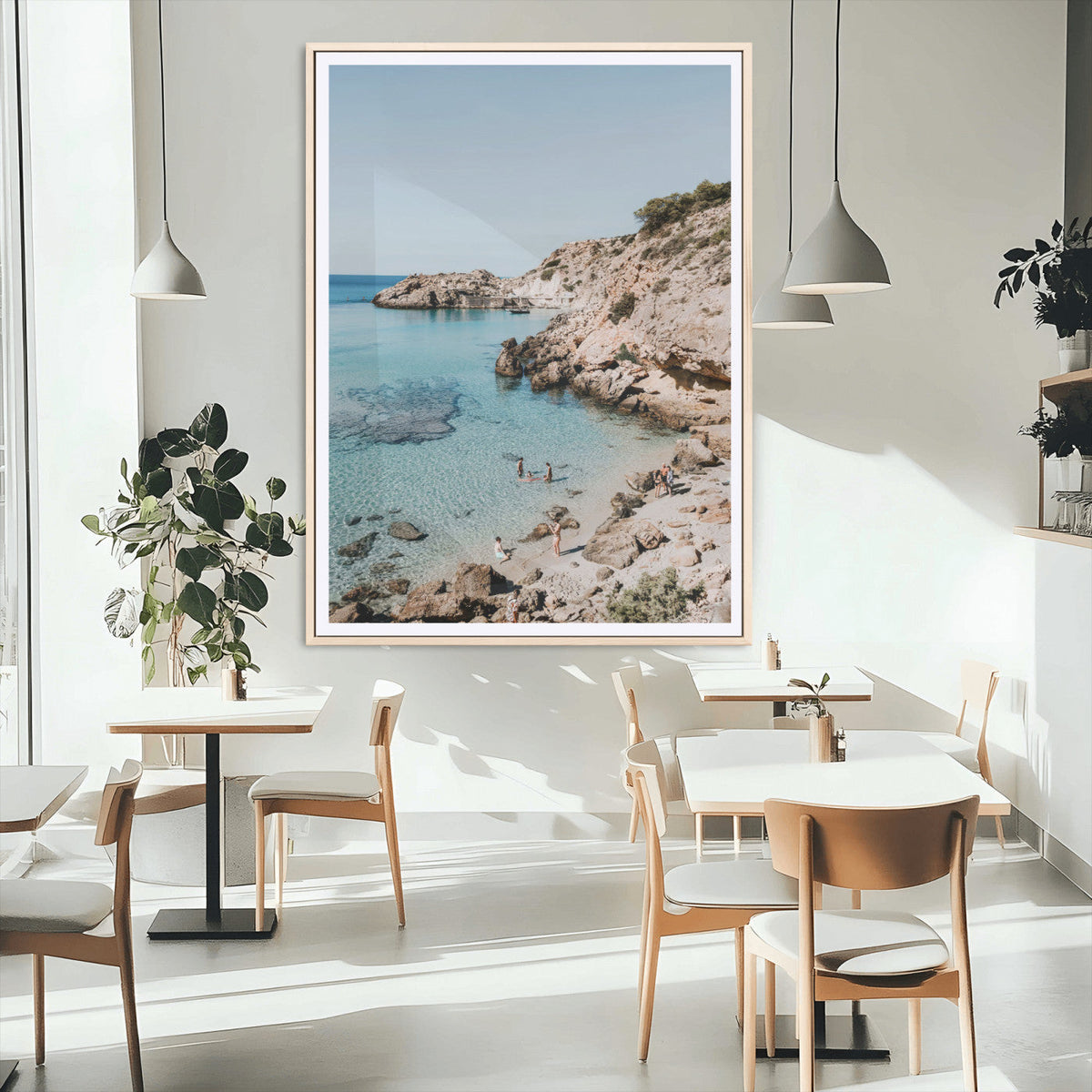 Clear Blue Water Beach Wall Art – Framed Rocky Cove Canvas