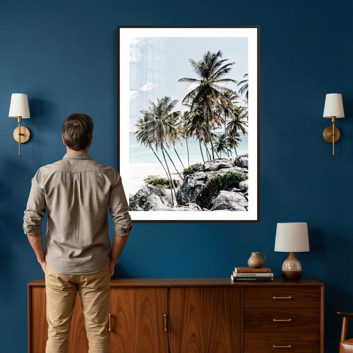 Tropical Trees Beach Wall Art Canvas Print, Coastal Ocean