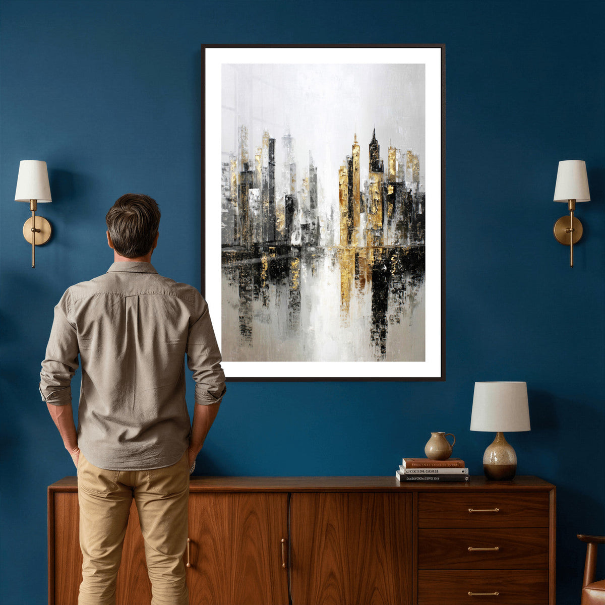 Abstract New York Wall Art Canvas Print, Gold Black Modern