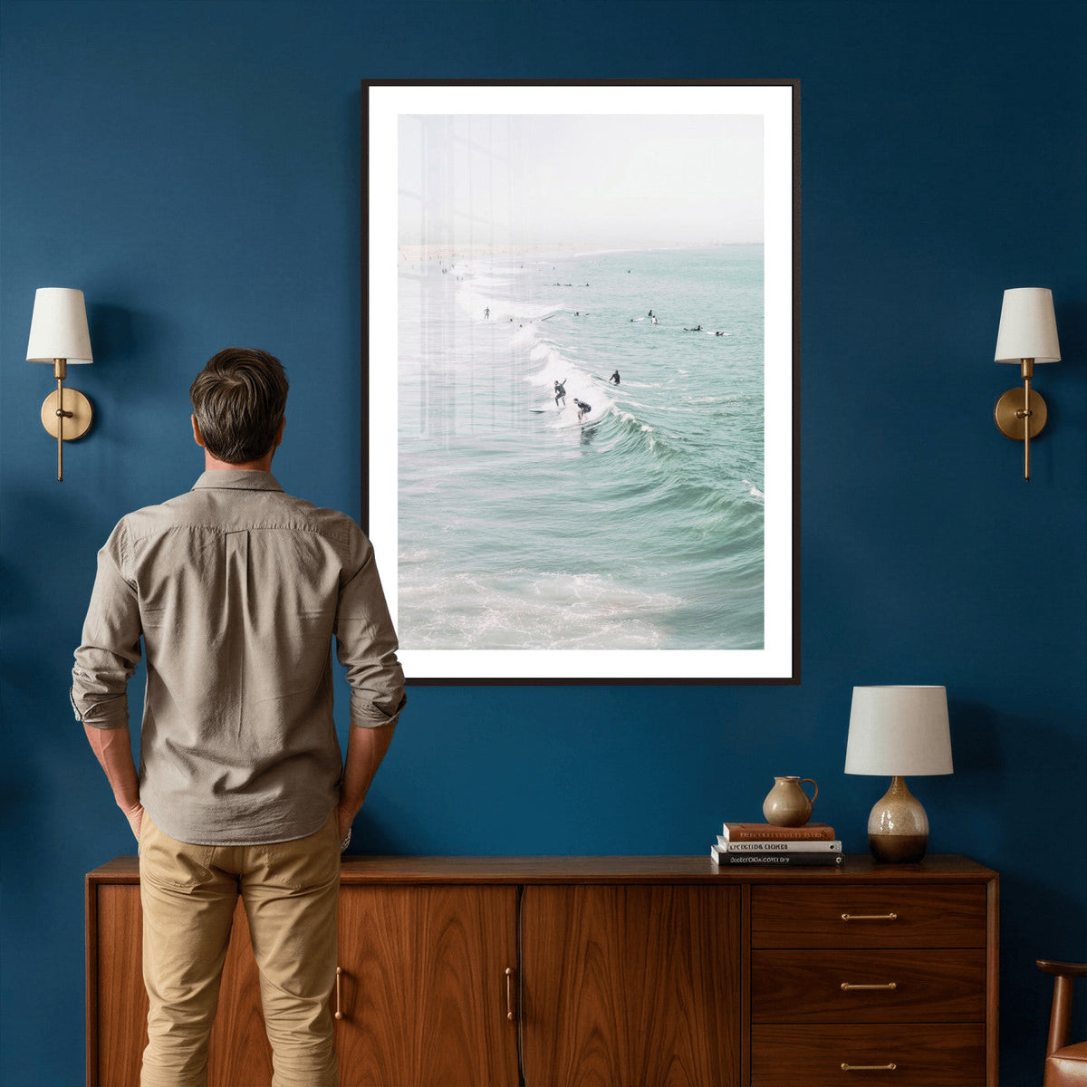 Surfers on Waves Canvas Wall Art, Aerial Ocean Photography