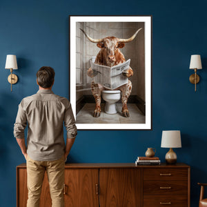 Funny Bathroom Canvas Wall Art, Texas Longhorn on Toilet