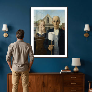 Funny Bathroom Canvas Wall Art, Grant Wood American Gothic