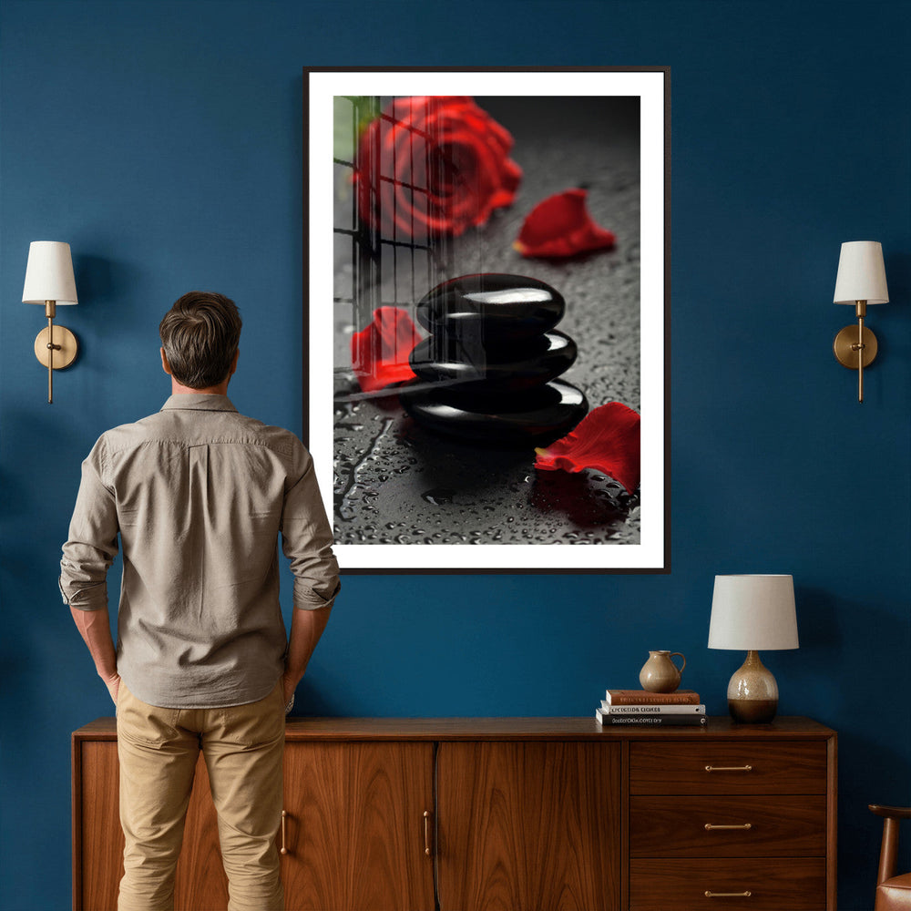 Black Lava Stone Rose Canvas | Red Rose Spa Photography