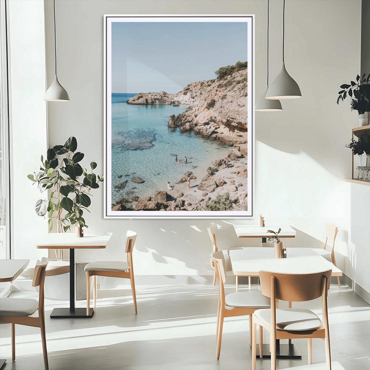 Clear Blue Water Beach Wall Art – Framed Rocky Cove Canvas