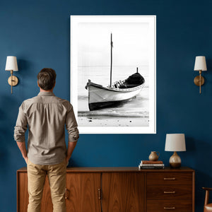 Minimal Boat Wall Art Canvas Print – Black and White Coastal