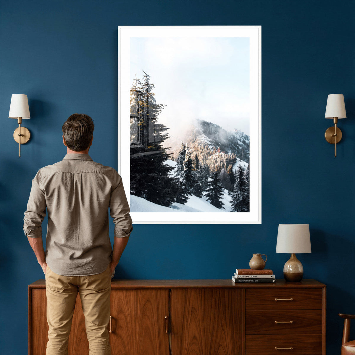 Snowy Mountain Forest Wall Art Canvas Print, Winter Pine