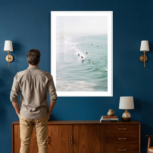 Surfers on Waves Canvas Wall Art, Aerial Ocean Photography