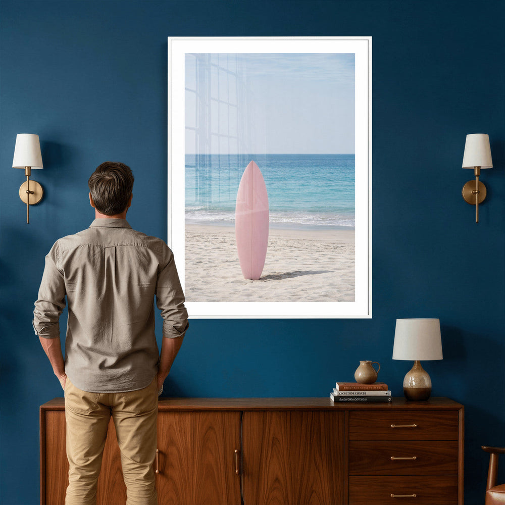 Pink Surfboard Canvas Wall Art, Minimalist Beach Photography