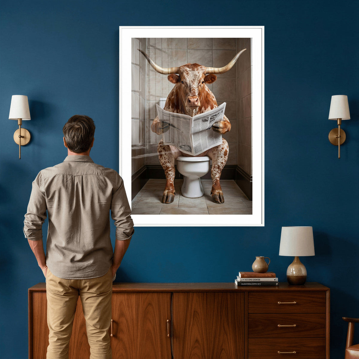 Funny Bathroom Canvas Wall Art, Texas Longhorn on Toilet