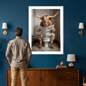 Funny Bathroom Canvas Wall Art, Texas Longhorn on Toilet