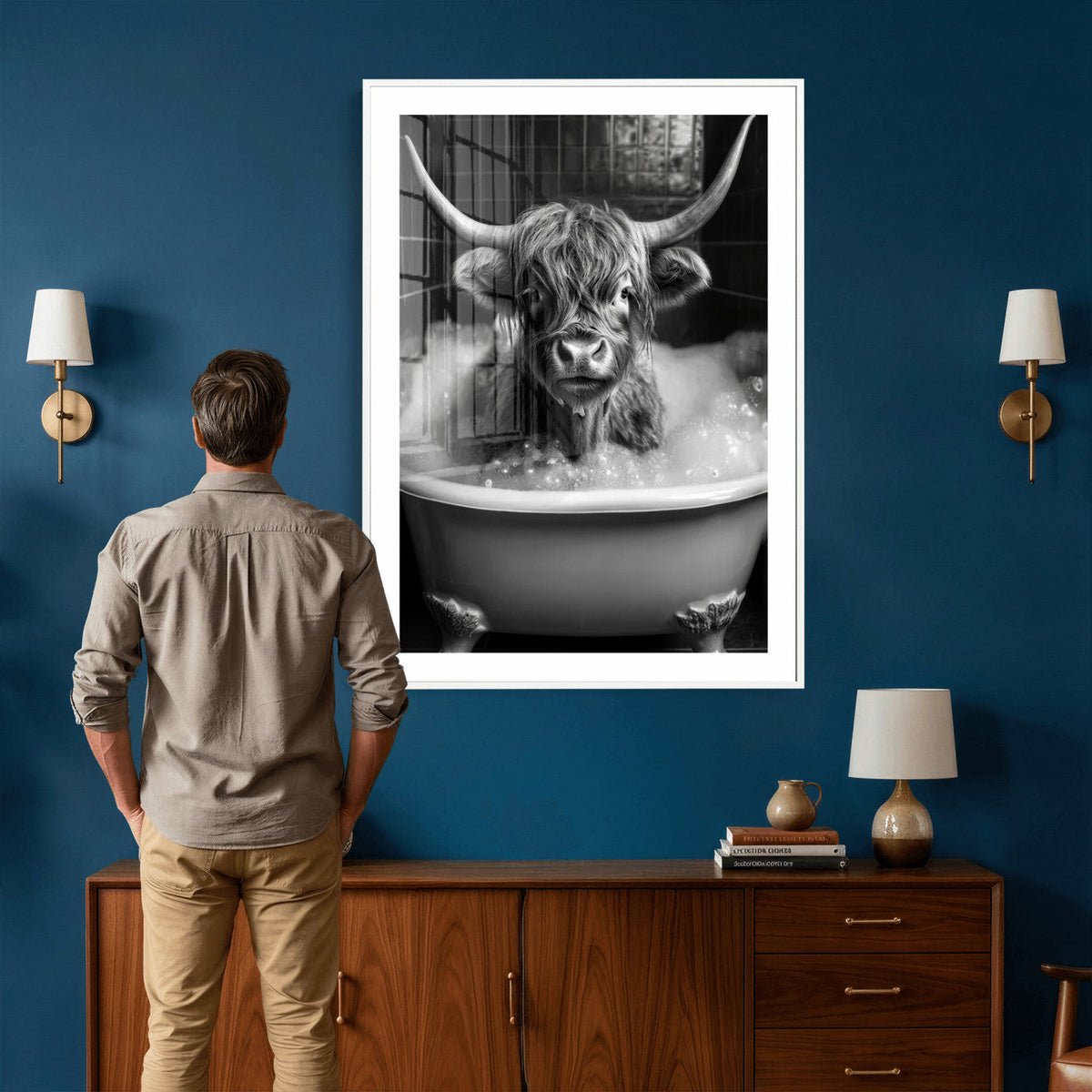 Highland Cow Bathtub Canvas Wall Art, Funny Bathroom Print