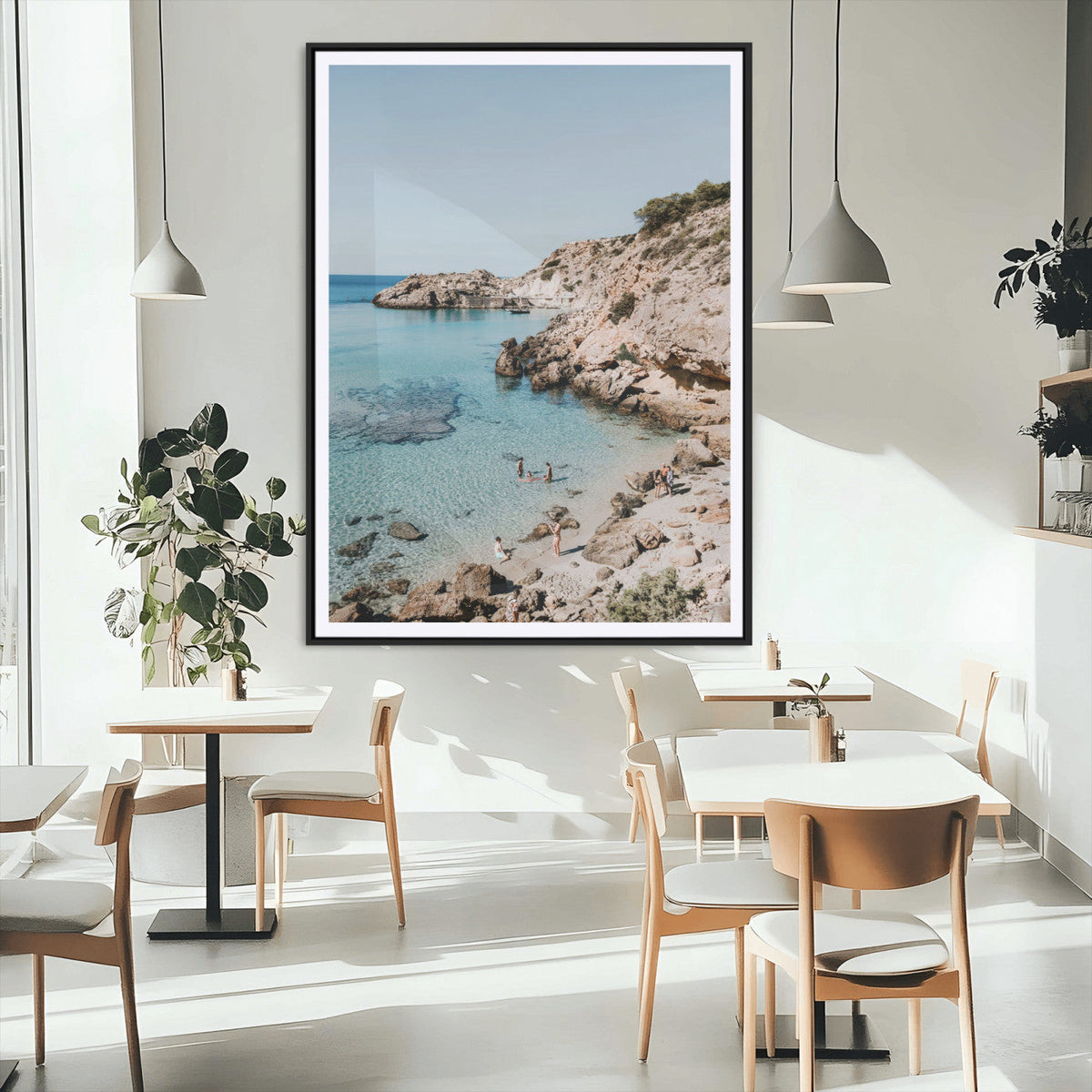 Clear Blue Water Beach Wall Art – Framed Rocky Cove Canvas