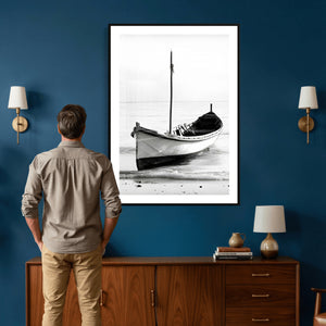 Minimal Boat Wall Art Canvas Print – Black and White Coastal
