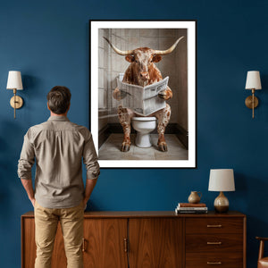 Funny Bathroom Canvas Wall Art, Texas Longhorn on Toilet