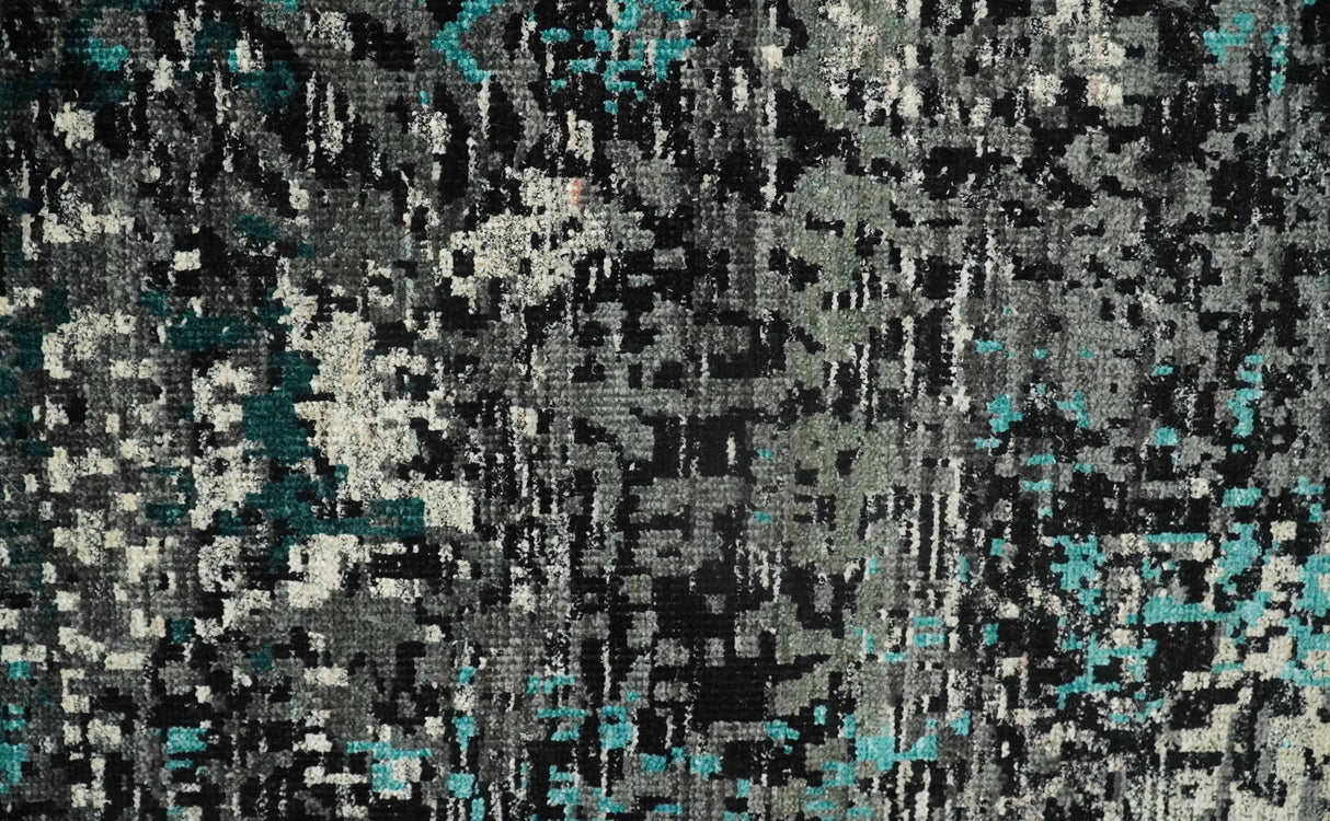 5x8 Hand Knotted Charcoal, Ivory and Blue Modern Abstract  Recycled Silk Area Rug
