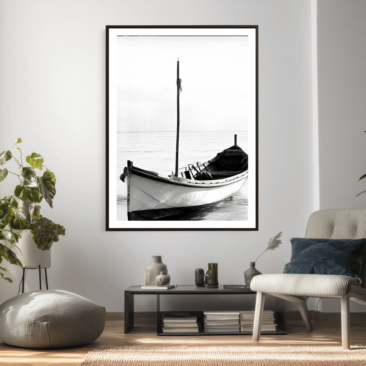 Minimal Boat Wall Art Canvas Print – Black and White Coastal